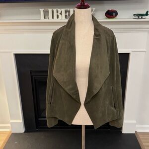 Marie Oliver Olive Faux Suede Draped Open-Front Jacket | Size Medium